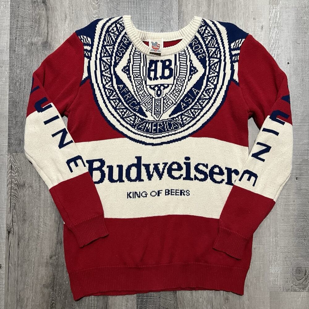 Junk Food Budweiser Mens L Sweater Spellout Genuine King of Beers All Over Print